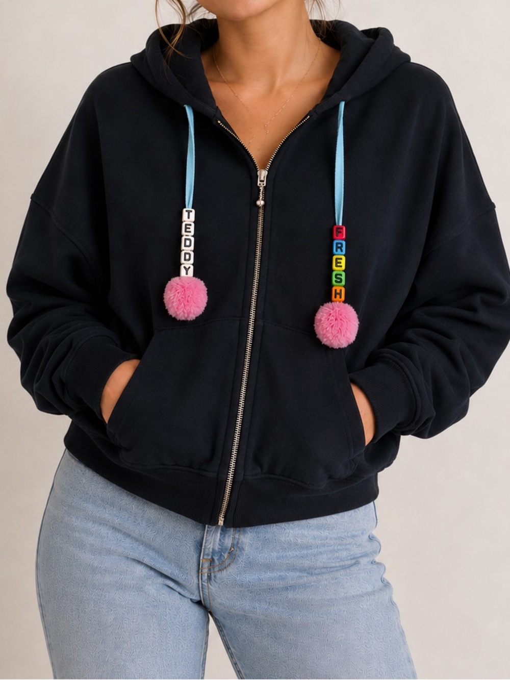 Teddy Fresh Beaded Tasseled Zip Hoodie 2XL